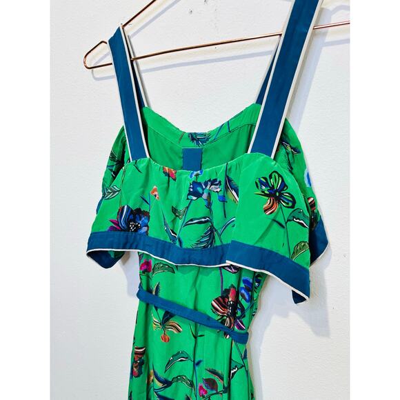 DEREK LAM Green Floral 100% Silk Ruffled Popover Cami Style Midi Dress Size 2 - Picture 8 of 15